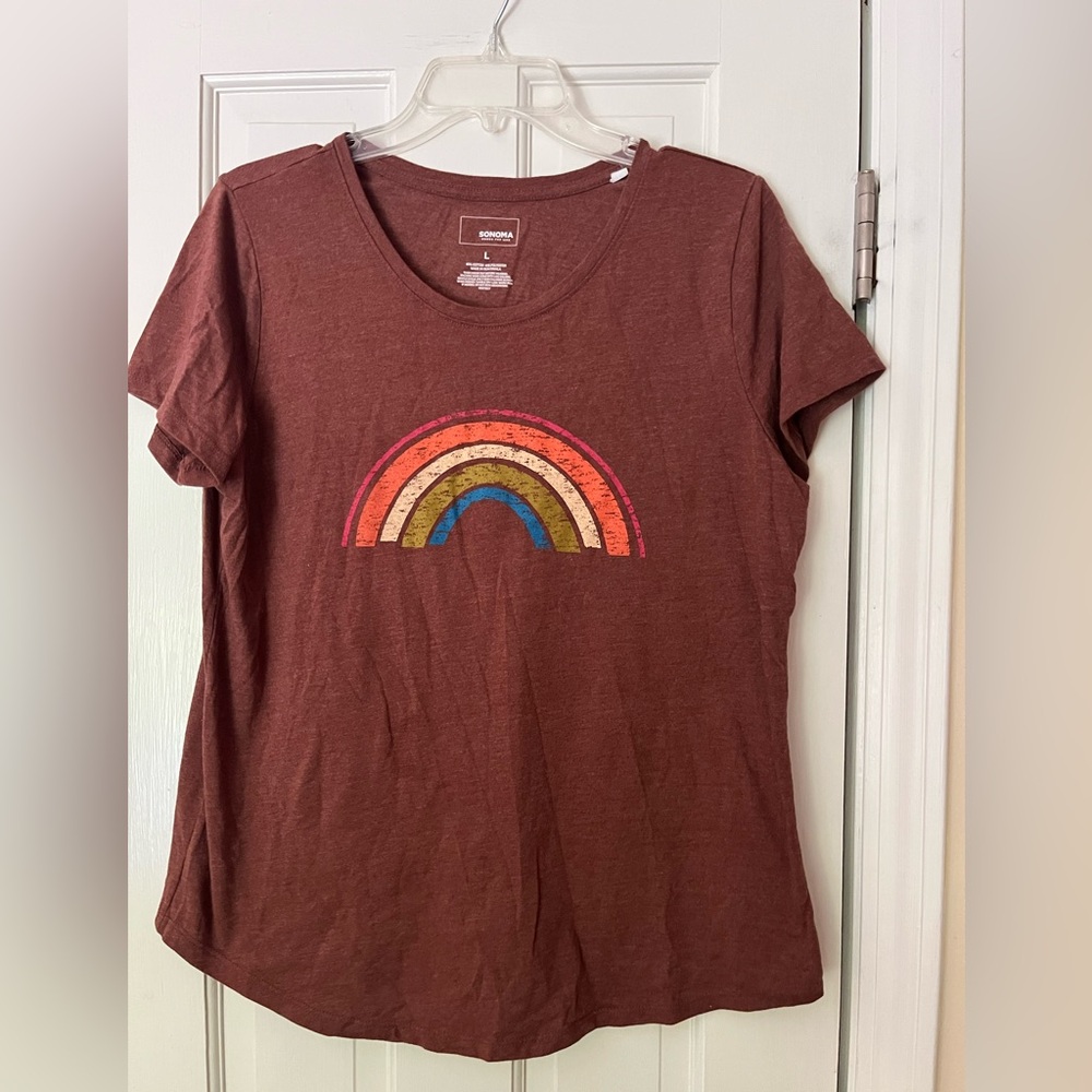 Sonoma Women's Brown Tee with Vibrant Rainbow